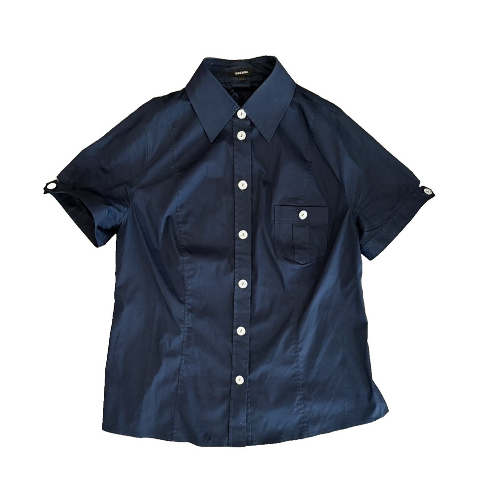 Escada Womens Navy Blue Button Up Shirt Rhinestone Buttons Short Sleeve 42/US 10